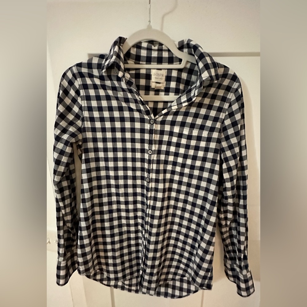 J. Crew Women’s navy and white gingham button down.